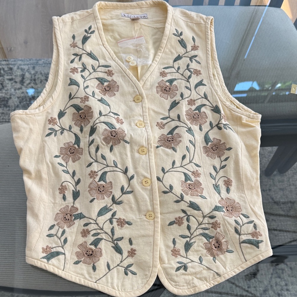 Floral Embroidered Beige Vest - Women Tops Blouses